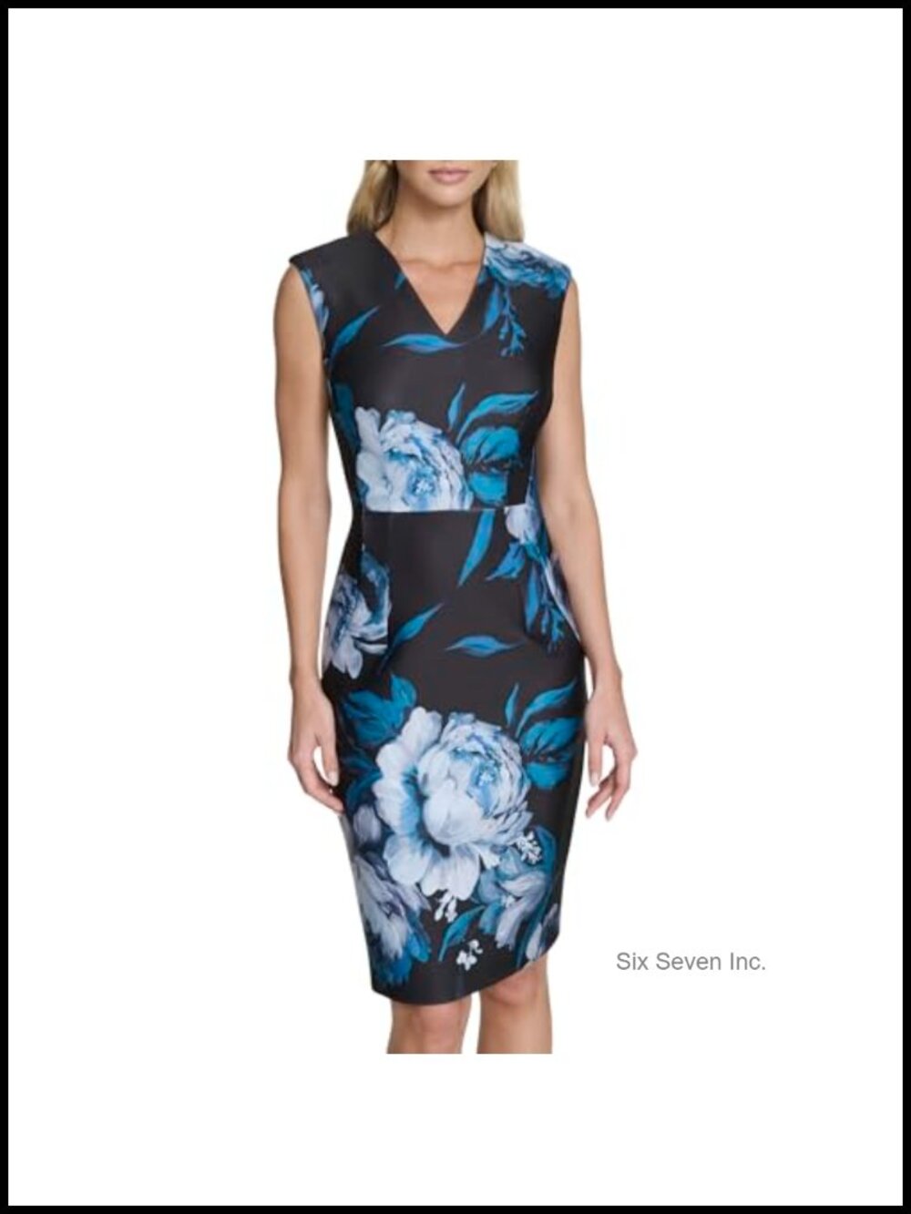 Sleeveless V-Neck Floral Scuba Sheath Dress Knee-Length Zipper